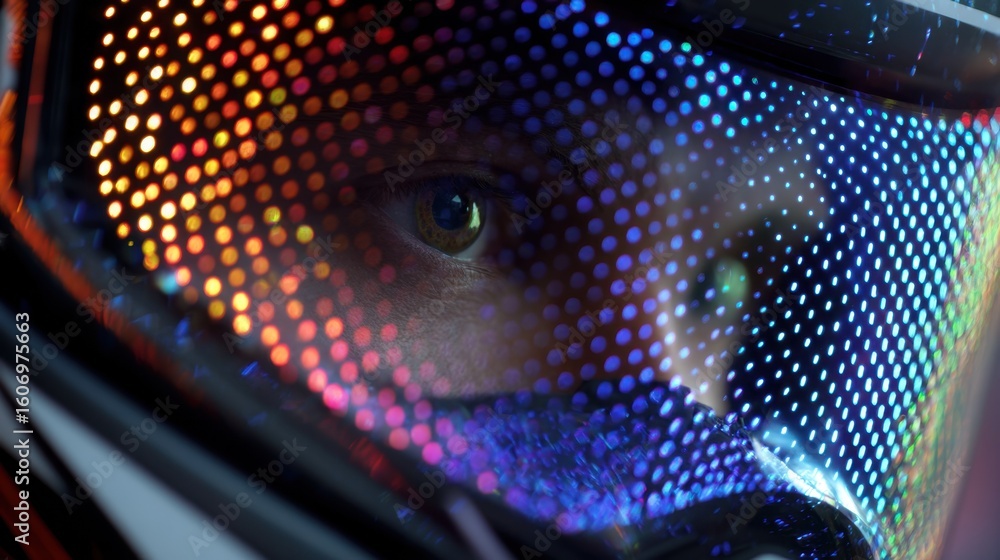 Poster closeup of astronaut's eye seen through helmet visor featuring intricate quantum dot designs forming