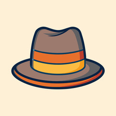 Illustrated brown fedora hat with orange and yellow band on a cream background
