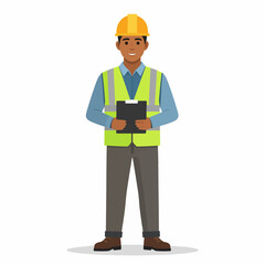 Illustration of a smiling Black construction worker in a hard hat holding a clipboard.