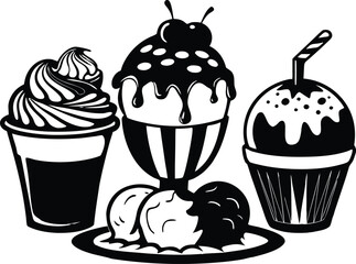 Ice cream vector sketch dessert black silhouette vector,Ice cream illustration