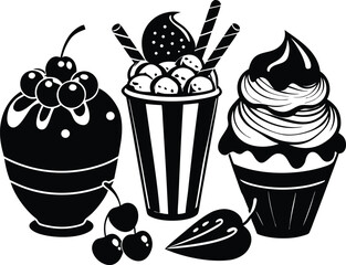 Ice cream vector sketch dessert black silhouette vector,Ice cream illustration