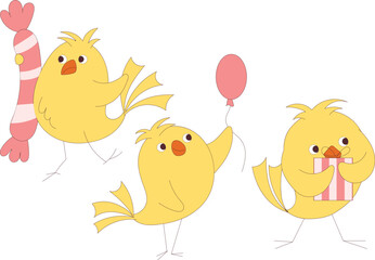 Cute cartoon chickens. Funny chick. Hand drawn characters isolated on white background. Vector illustration.