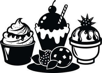 Ice cream vector sketch dessert black silhouette vector,Ice cream illustration
