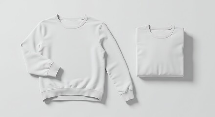 Two white crewneck sweatshirts, one unfolded and one folded, isolated on white