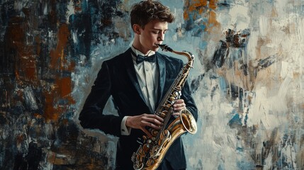 Elegant saxophonist in tuxedo performing against abstract background