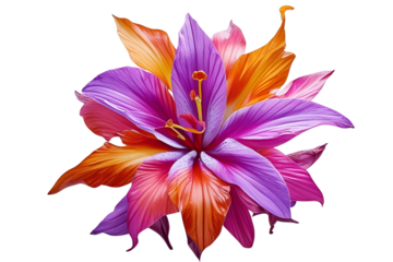 A beautiful, vibrant fantasy lily flower with purple, orange, and pink petals, isolated on a white transparent background PNG