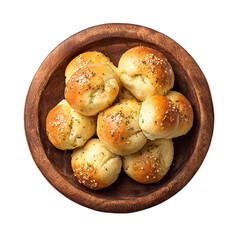 Wooden plate filled with freshly baked garlic knots on transparent background