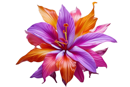 A beautiful, vibrant fantasy lily flower with purple, orange, and pink petals, isolated on a white transparent background PNG