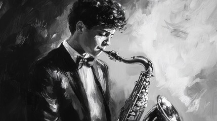 Elegant black and white painting of a young musician passionately playing saxophone