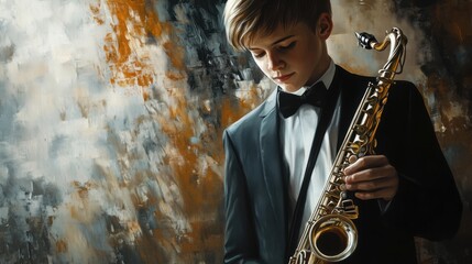 Elegant young musician holding a saxophone against an artistic backdrop