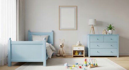 Light Blue Child Bedroom with Toy Rabbit and Wooden Dresser in Bright Natural Light