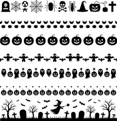 Halloween themed black silhouettes of spooky objects and creatures vector
