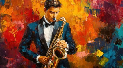 A vibrant impressionistic painting of a saxophone player in a tuxedo suit