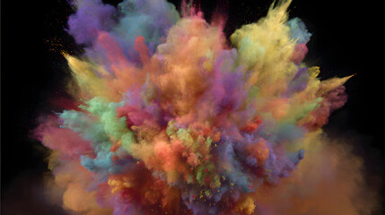 Swirling cloud of colorful powder mid-air, capturing dynamic motion in a festive celebration scene.
