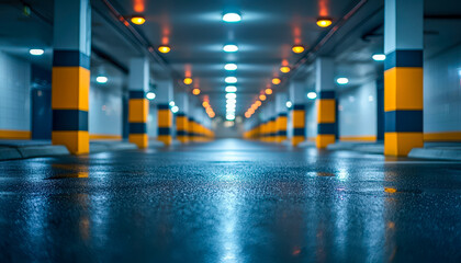 Modern underground parking garage illuminated with vibrant ceiling lights