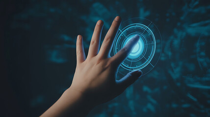 Human hand interacting with futuristic digital fingerprint scanner interface