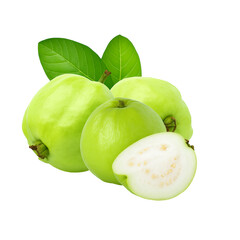 Fresh guavas with green leaves a halved guava shows the inside