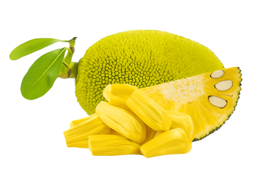 Whole jackfruit with a slice and jackfruit segments showing vibrant yellow flesh and green rind with leaves