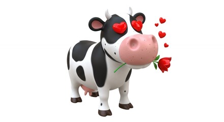 Cartoon cow with hearts and rose