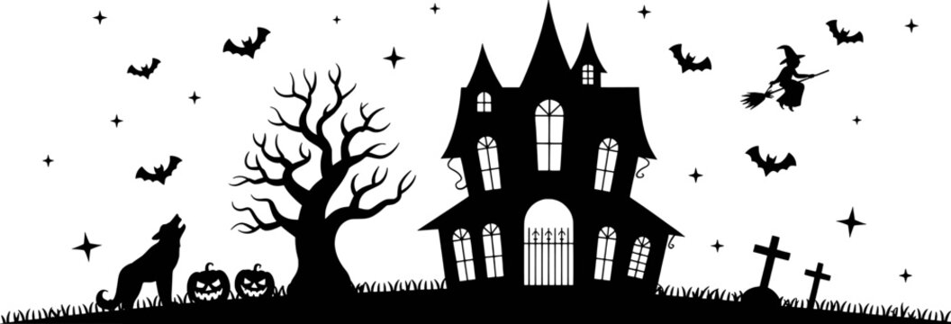 Haunted house silhouette with witch bats and howling wolf halloween