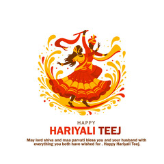 Happy Hariyali Teej Illustration with Dancing Couple in Traditional Attire