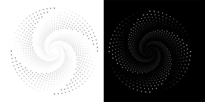 A spiral dots abstract vector illustration pattern backdrop in a metallic hue against a sleek black background.eps10