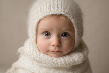 Sweet bundle of joy dressed in white with cap slightly askew enjoying a cozy moment indoors