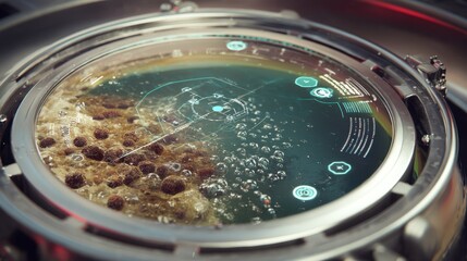 Advanced bioreactor technology efficiently breaking down organic food waste into valuable resources, while a digital interface displays real time data analysis for optimal sustainability