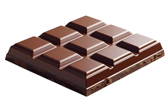 An isometric view of a smooth milk chocolate bar with nine segments, isolated on a white transparent background.