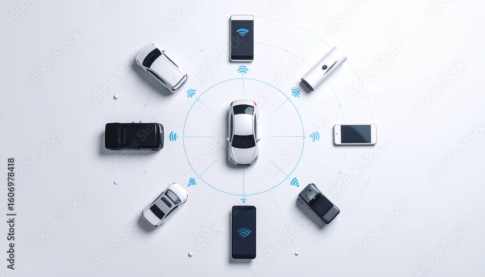 Poster various smart devices (home, car, phone) connected by digital threads in an abstract circular networ