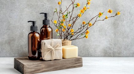 Minimalist zero waste bathroom setup using refillable bottles and natural hygiene products