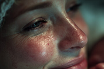 Mothers joyful smile as she embraces her newborn in a peaceful moment of connection