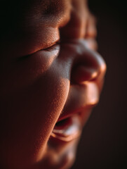 Newborn baby crying with wrinkled face illuminated by soft light capturing emotional expression