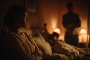 Mother reflects in the evening light while watching over baby in cozy bedroom