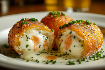 Crispy stuffed eggs with creamy filling and fresh herbs on a white plate