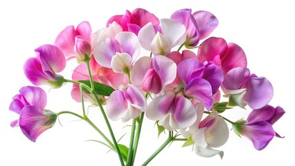 Closeup shot of colorful and vibrant sweet pea flowers on white background