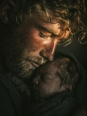 Tender moment between father and newborn during skin to skin contact in a cozy environment