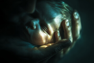 Hand gently cradles babys head in a serene moment of tenderness and connection captured in a softly lit setting