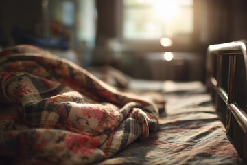 Cozy bed with a folded blanket basking in warm morning sunlight in a tranquil bedroom setting