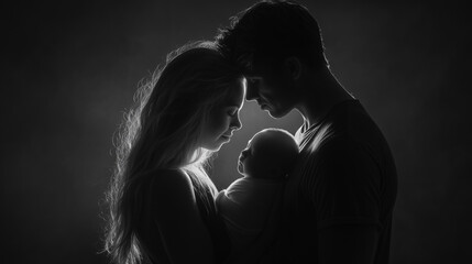 Father and mother softly embracing their newborn baby with warm light during a tender moment at home