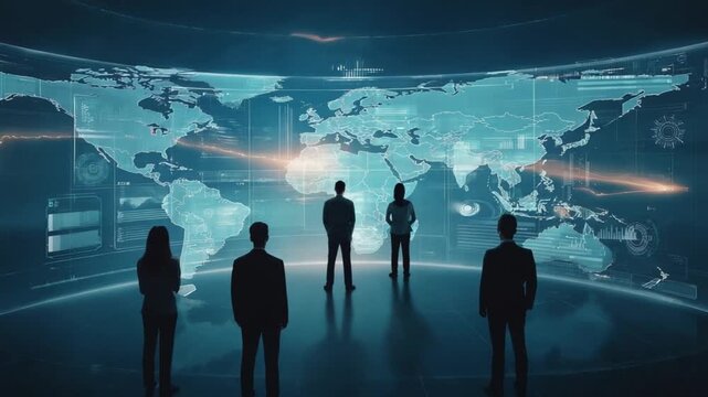 Diverse business team strategizing global growth, analyzing dynamic digital world map with futuristic data visualizations and glowing analytics in a modern command center, inspiring innovation and for - Powered by Adobe