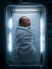 Newborn peacefully sleeping swaddled in soft blanket under gentle light in hospital nursery