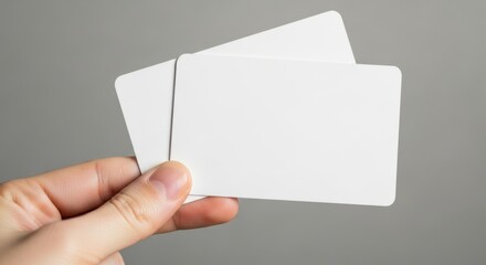 Fototapeta premium Hand Holding Three Blank White Business Cards Over Gray Background