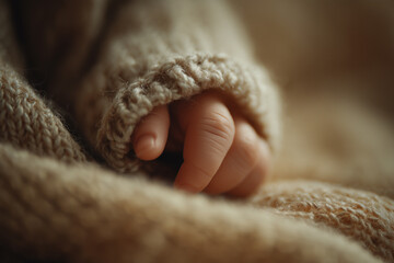 Tiny hand clutching the edge of a soft, knitted blanket in a cozy indoor setting