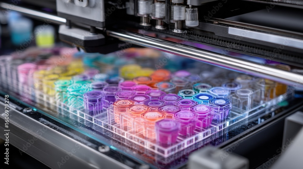 Poster closeup of a hydrogel printer displaying a colorful array of gels and additives used to enhance the 