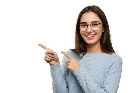 Smiling woman pointing to the left side on transparent background