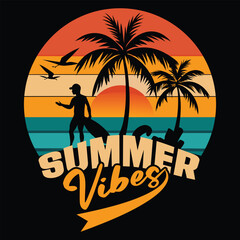 Retro sunset beach scene with palm trees and surfer capturing the essence of summer vibes