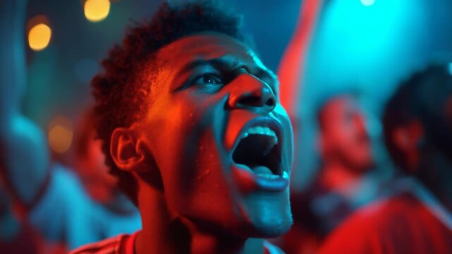 Intense African American Man Expressing Strong Emotions in a Crowd with Vibrant Lighting