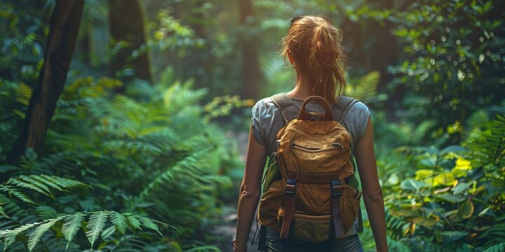 Female tourist exploring a lush tropical forest