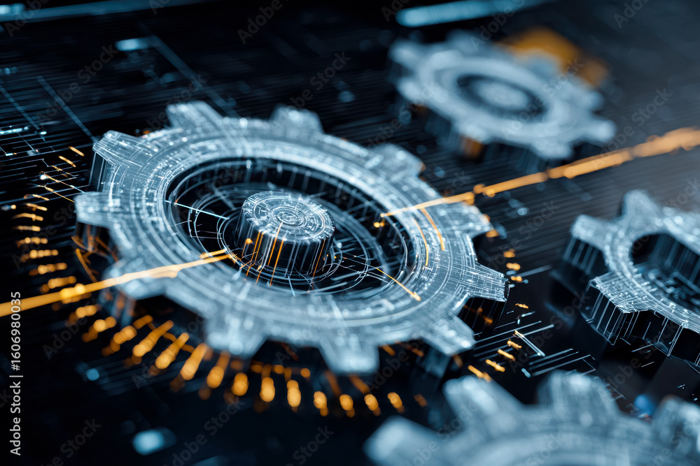 Poster futuristic digital gear mechanism with glowing circuit patterns and intricate technical design